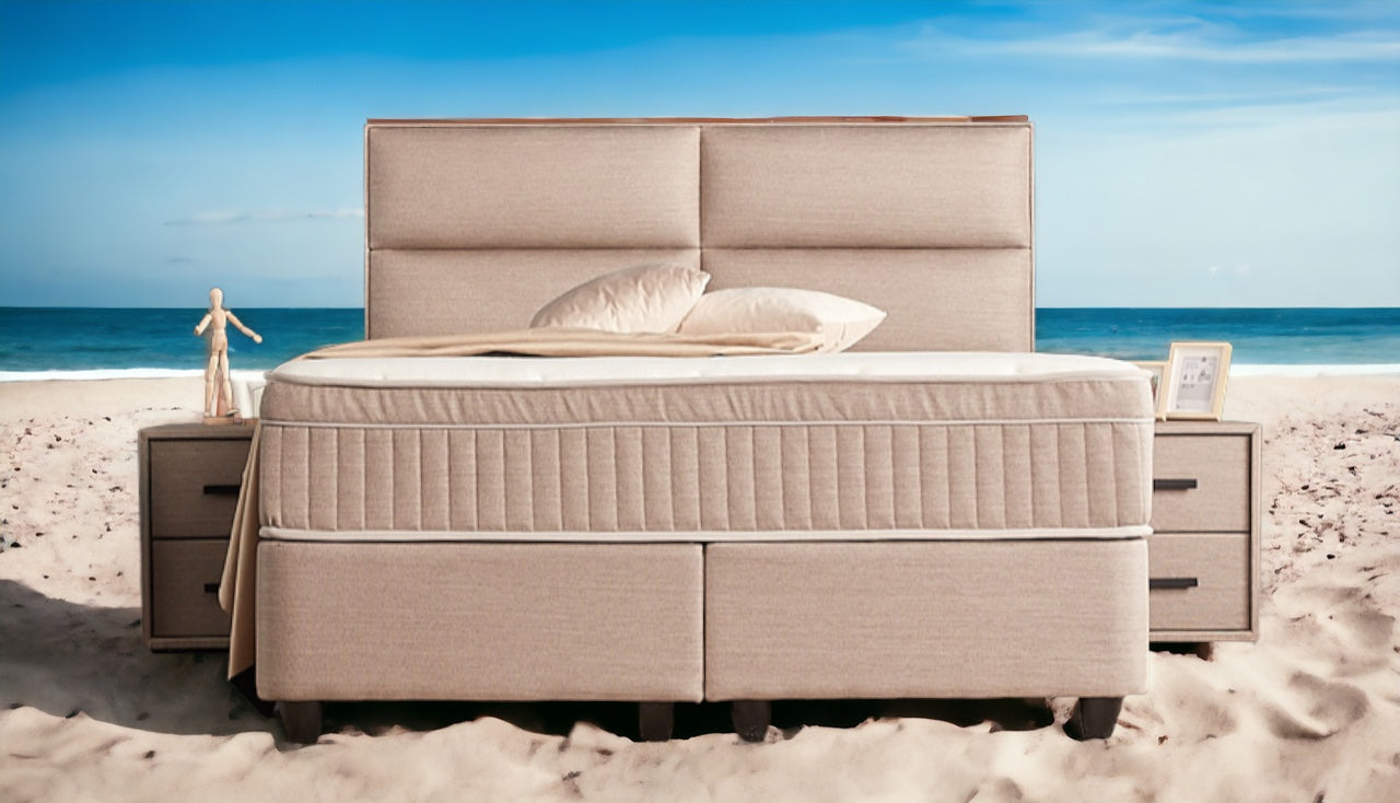 Boxspringbett Senna Beige/Braun Voll-orthopädisches Komfortbett mit Bettkasten, Stauraum, inkl. kostenlose Lieferung und Montage