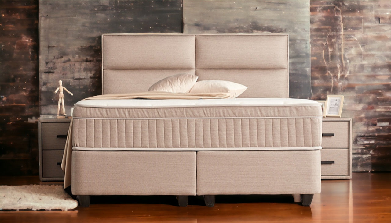 Boxspringbett Senna Beige/Braun Voll-orthopädisches Komfortbett mit Bettkasten, Stauraum, inkl. kostenlose Lieferung und Montage