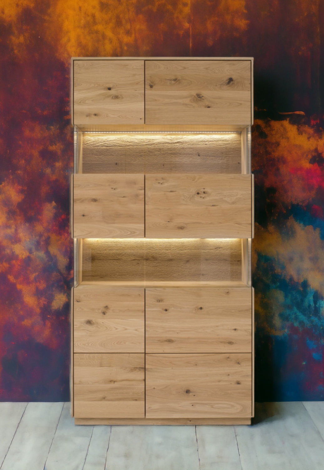 TPT Sankt Gallen Doppel-Glasvitrine 2-türig, Wildeiche massiv inkl. Beleuchtung B/H/T 103 x 209 x 44 cm