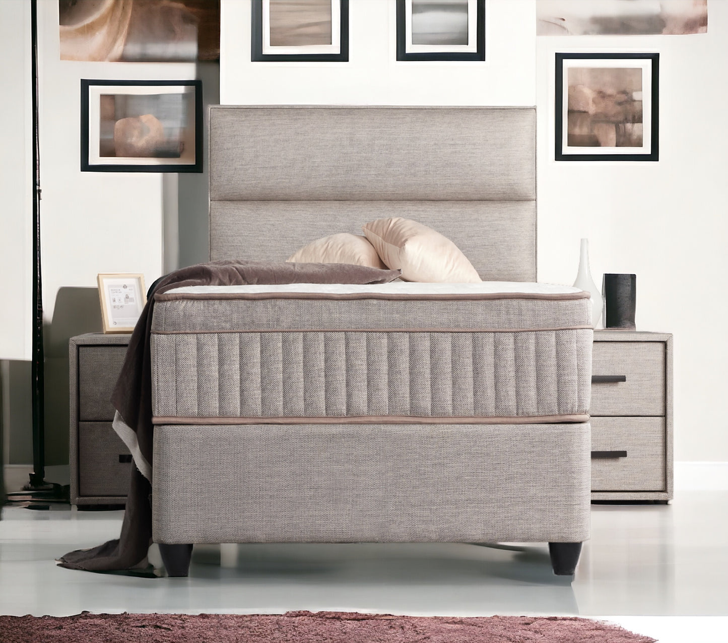Boxspringbett Suna Hellgrau Voll-orthopädisches Komfortbett mit Bettkasten, Stauraum, inkl. kostenlose Lieferung und Montage