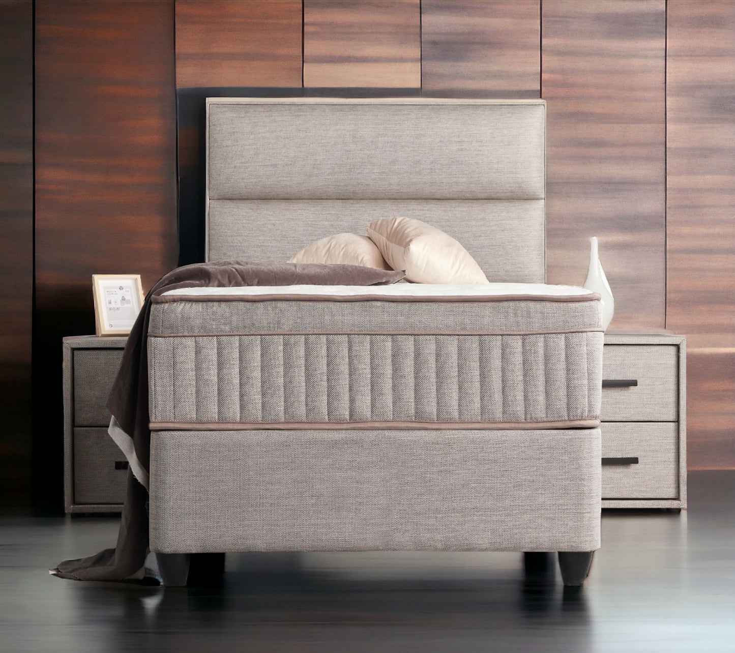 Boxspringbett Suna Hellgrau Voll-orthopädisches Komfortbett mit Bettkasten, Stauraum, inkl. kostenlose Lieferung und Montage