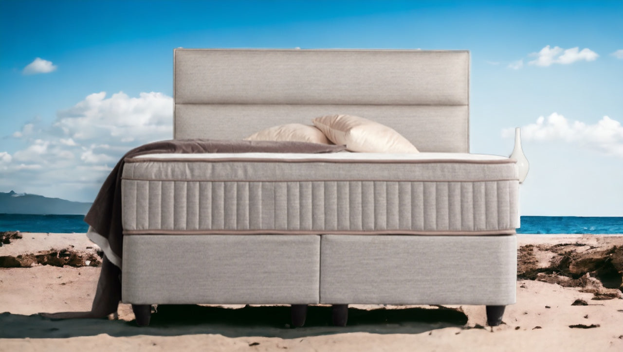 Boxspringbett Suna Hellgrau Voll-orthopädisches Komfortbett mit Bettkasten, Stauraum, inkl. kostenlose Lieferung und Montage