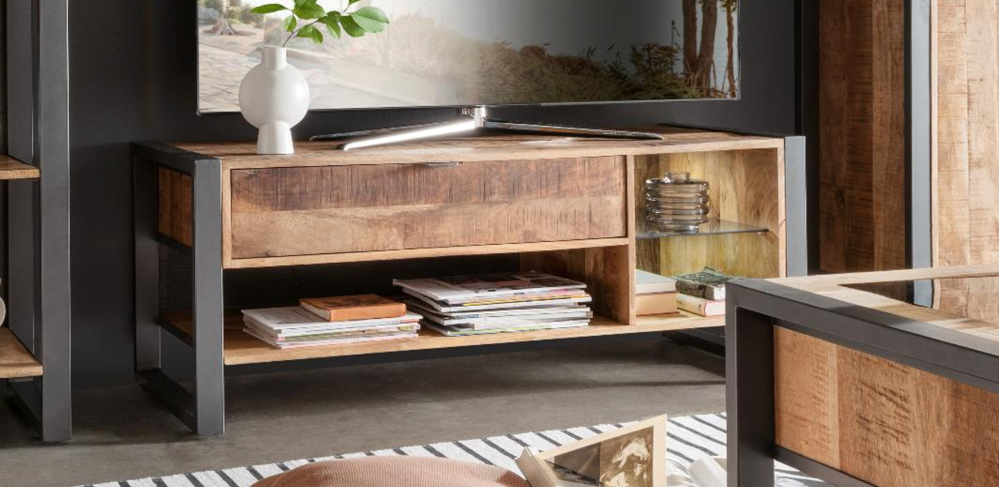 TV Lowboard Cayro Mangoholz massiv multifarbig inkl. Beleuchtung B/H/T 129/180 x 49 x 49 cm