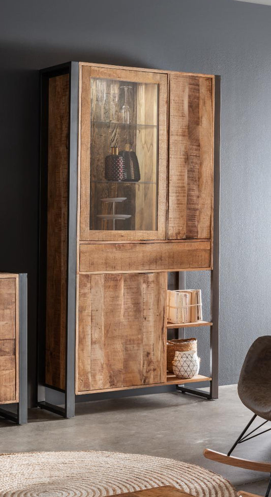 Vitrinenschrank Cayro Mangoholz massiv multifarbig inkl. Beleuchtung B/H/T 104 x 200 x 42 cm