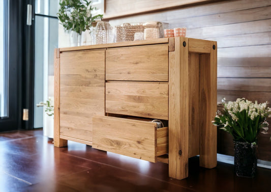 TPT Kommode Woodstock 1-türig und 3 Schubladen Eiche massiv geölt, ca. B/H/T 140 x 90 x 45 cm