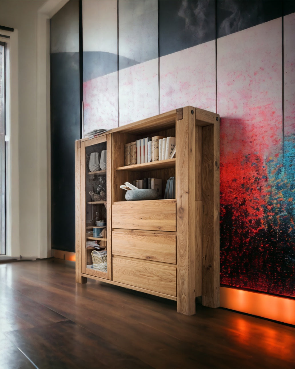 TPT Highboard Woodstock mit Glastür und 3 Schubladen Eiche massiv geölt, ca. B/H/T 120 x 155 x 45 cm