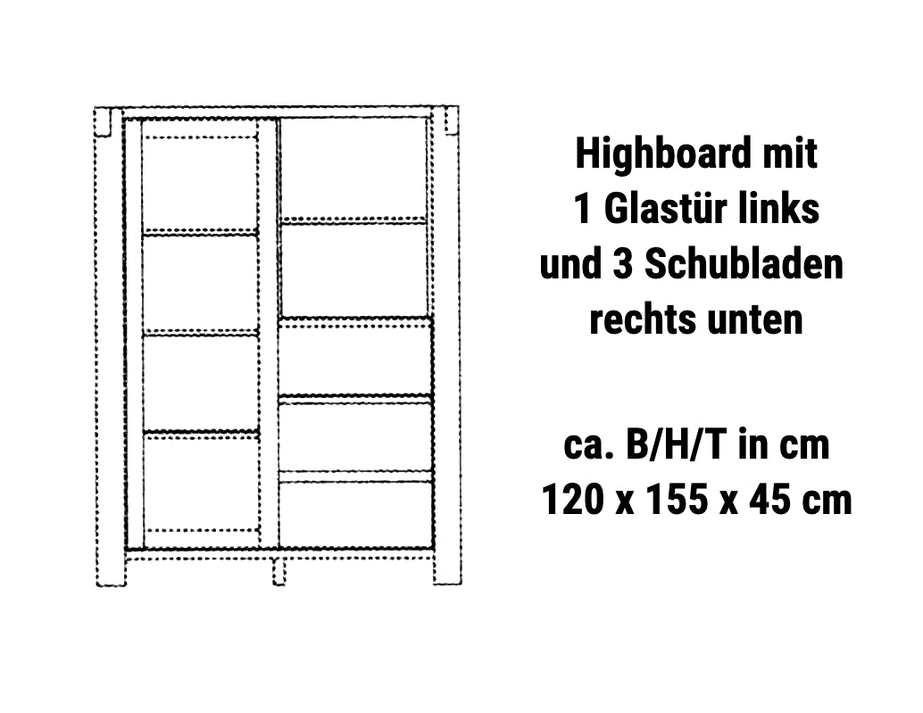 TPT Highboard Woodstock mit Glastür und 3 Schubladen Eiche massiv geölt, ca. B/H/T 120 x 155 x 45 cm
