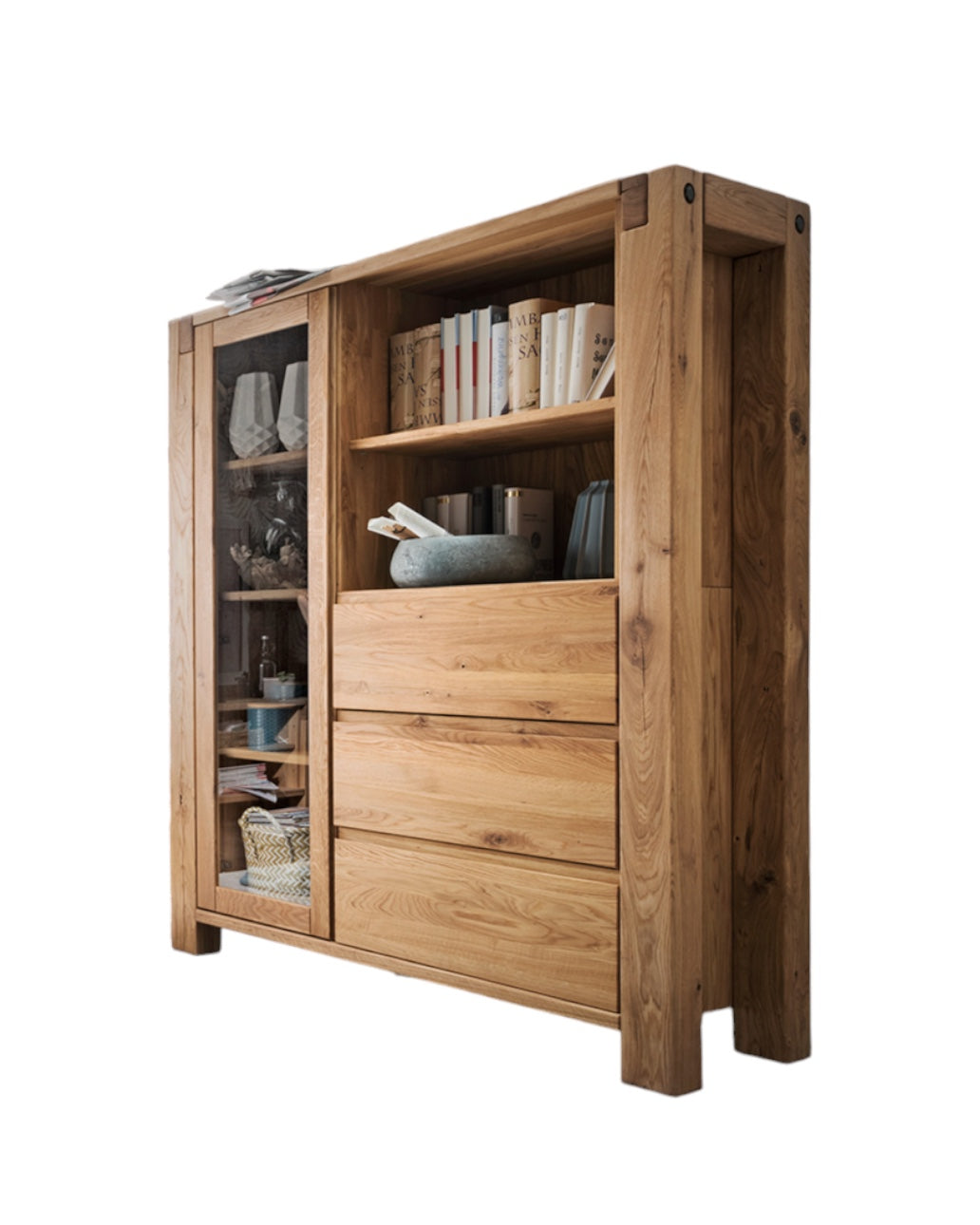 TPT Highboard Woodstock mit Glastür und 3 Schubladen Eiche massiv geölt, ca. B/H/T 120 x 155 x 45 cm
