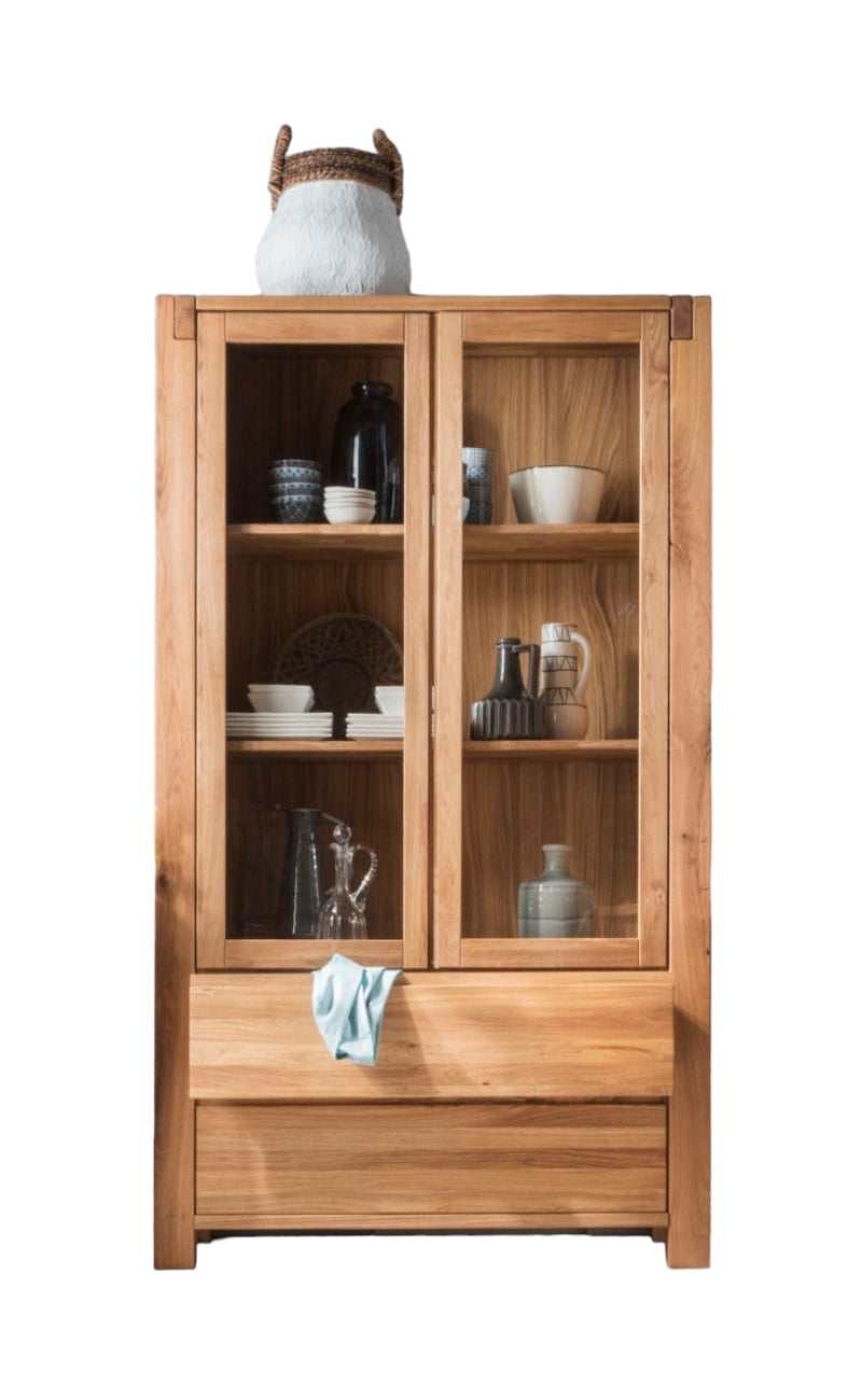 TPT Vitrine Woodstock mit 2 Schubladen Eiche massiv geölt, ca. B/H/T 120 x 200 x 45 cm