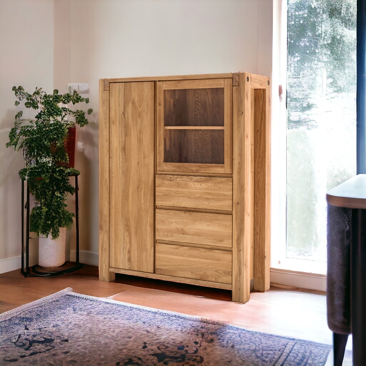 TPT Highboard Woodstock mit Holztür und 3 Schubladen Eiche massiv geölt, ca. B/H/T 120 x 155 x 45 cm