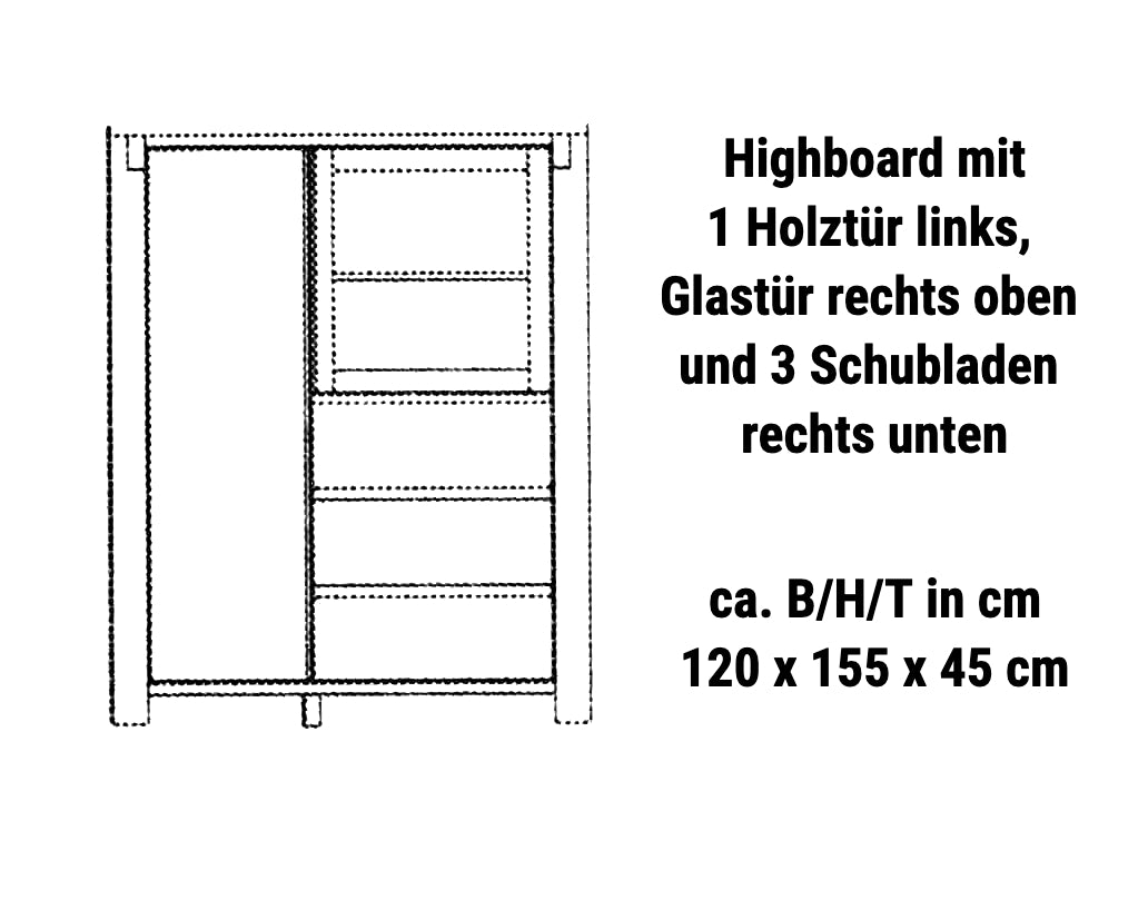TPT Highboard Woodstock mit Holztür und 3 Schubladen Eiche massiv geölt, ca. B/H/T 120 x 155 x 45 cm