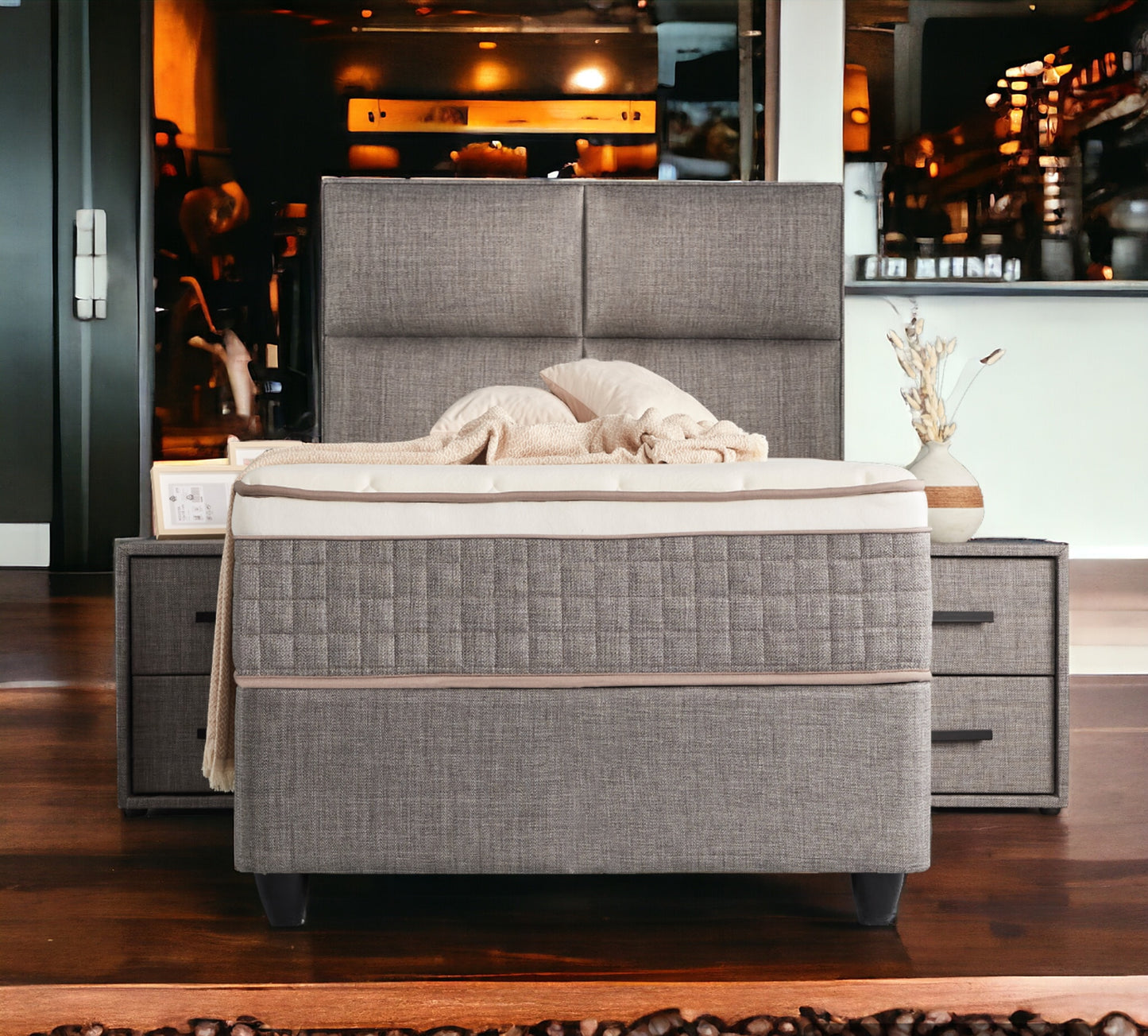 Boxspringbett Zelda Grau/Anthrazit Voll-orthopädisches Komfortbett mit Bettkasten, Stauraum, inkl. kostenlose Lieferung und Montage