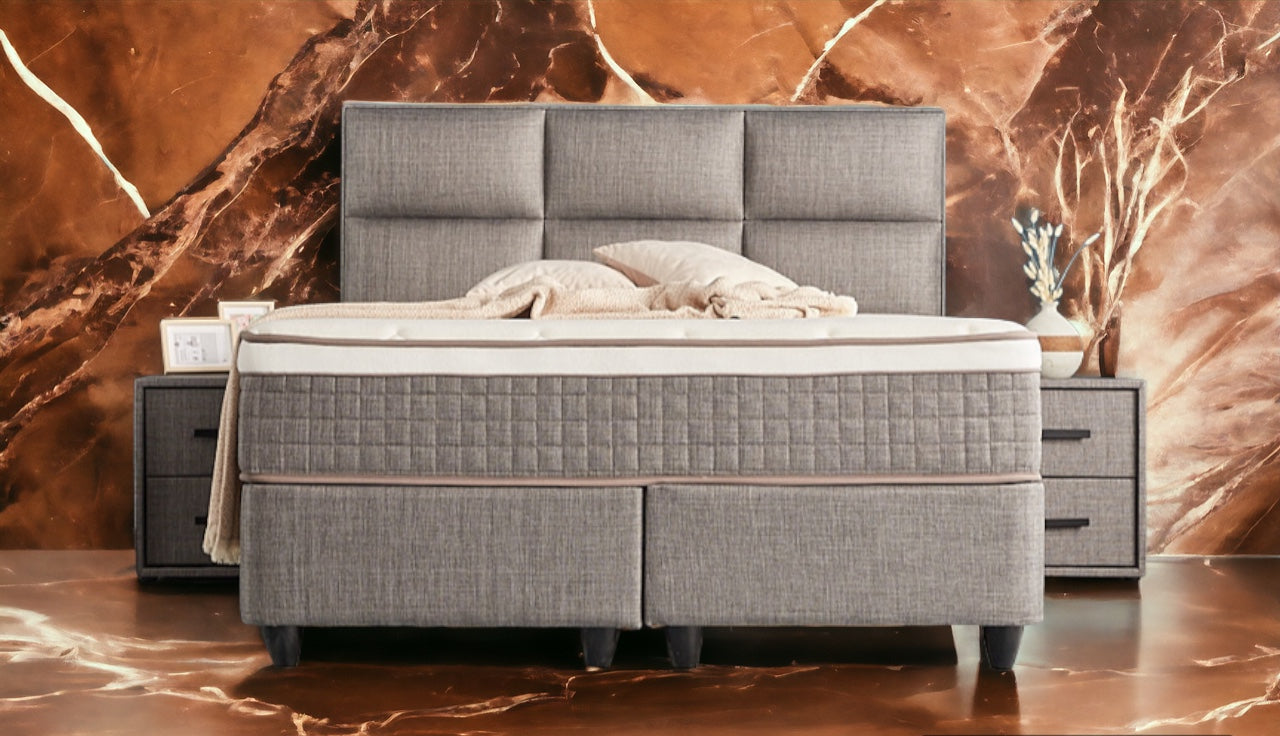 Boxspringbett Zelda Grau/Anthrazit Voll-orthopädisches Komfortbett mit Bettkasten, Stauraum, inkl. kostenlose Lieferung und Montage
