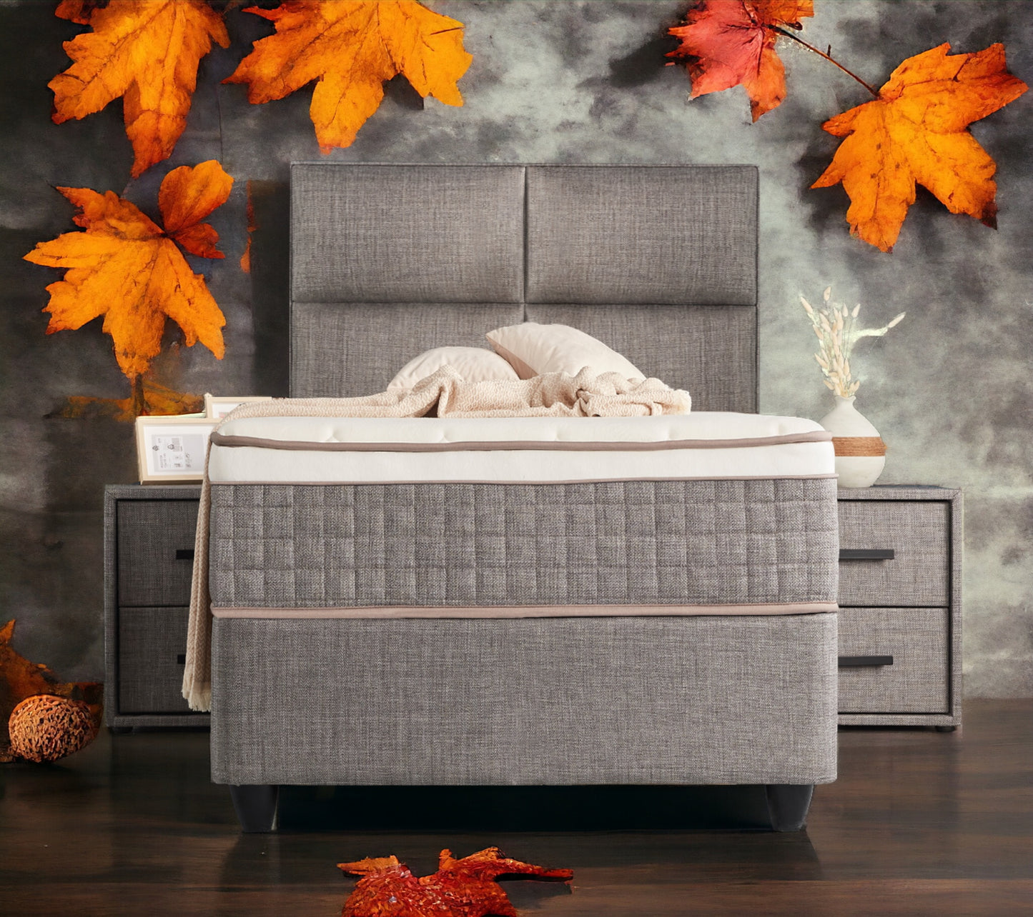 Boxspringbett Zelda Grau/Anthrazit Voll-orthopädisches Komfortbett mit Bettkasten, Stauraum, inkl. kostenlose Lieferung und Montage