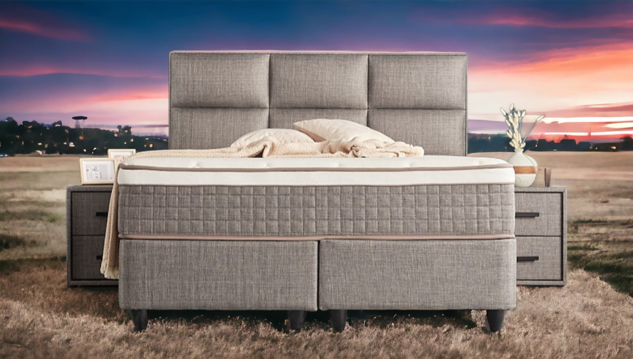Boxspringbett Zelda Grau/Anthrazit Voll-orthopädisches Komfortbett mit Bettkasten, Stauraum, inkl. kostenlose Lieferung und Montage
