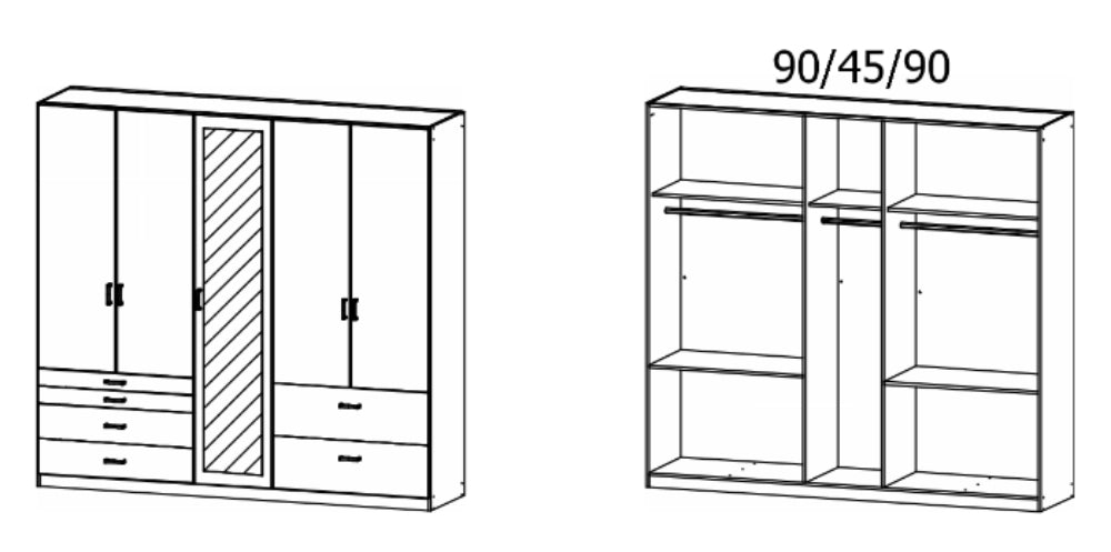 Drehtürenschrank Wildberg 5-türig mit 1 Spiegeltür und 6 Schubladen B/H/T ca. 225 x 210 x 58 cm