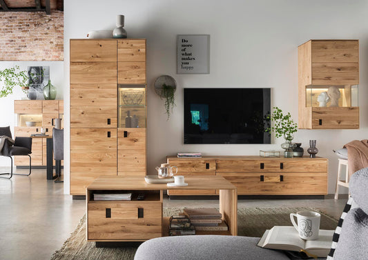 TPT Arosa Highboard 3-türig, Wildeiche/Еiche massiv Inkl. Beleuchtung Breite 96 cm x H 194 cm
