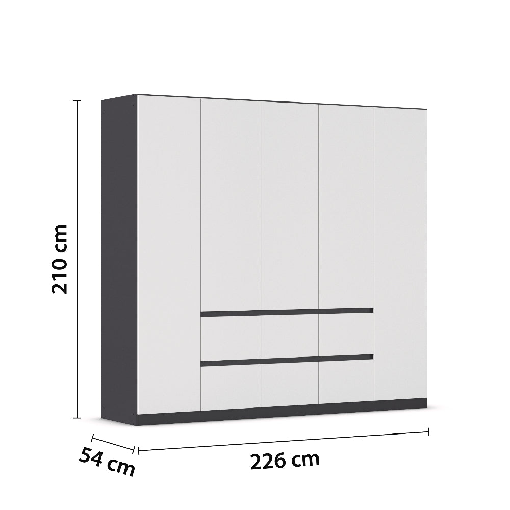 Drehtürenschrank Mainz 5-türig mit 6 Schubladen B/H/T ca. 225 x 210 x 54 cm