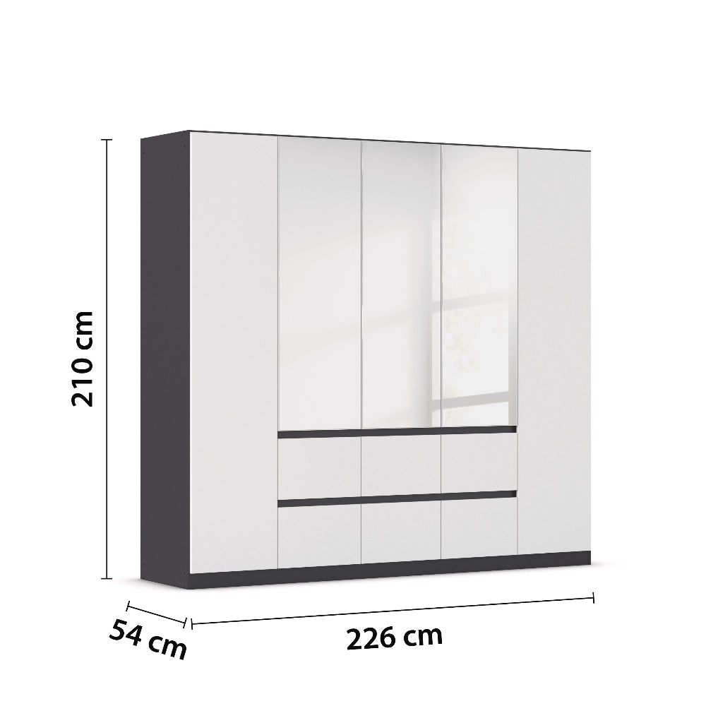 Drehtürenschrank Mainz 5-türig mit 3 Spiegeltüren und 6 Schubladen B/H/T ca. 225 x 210 x 54 cm