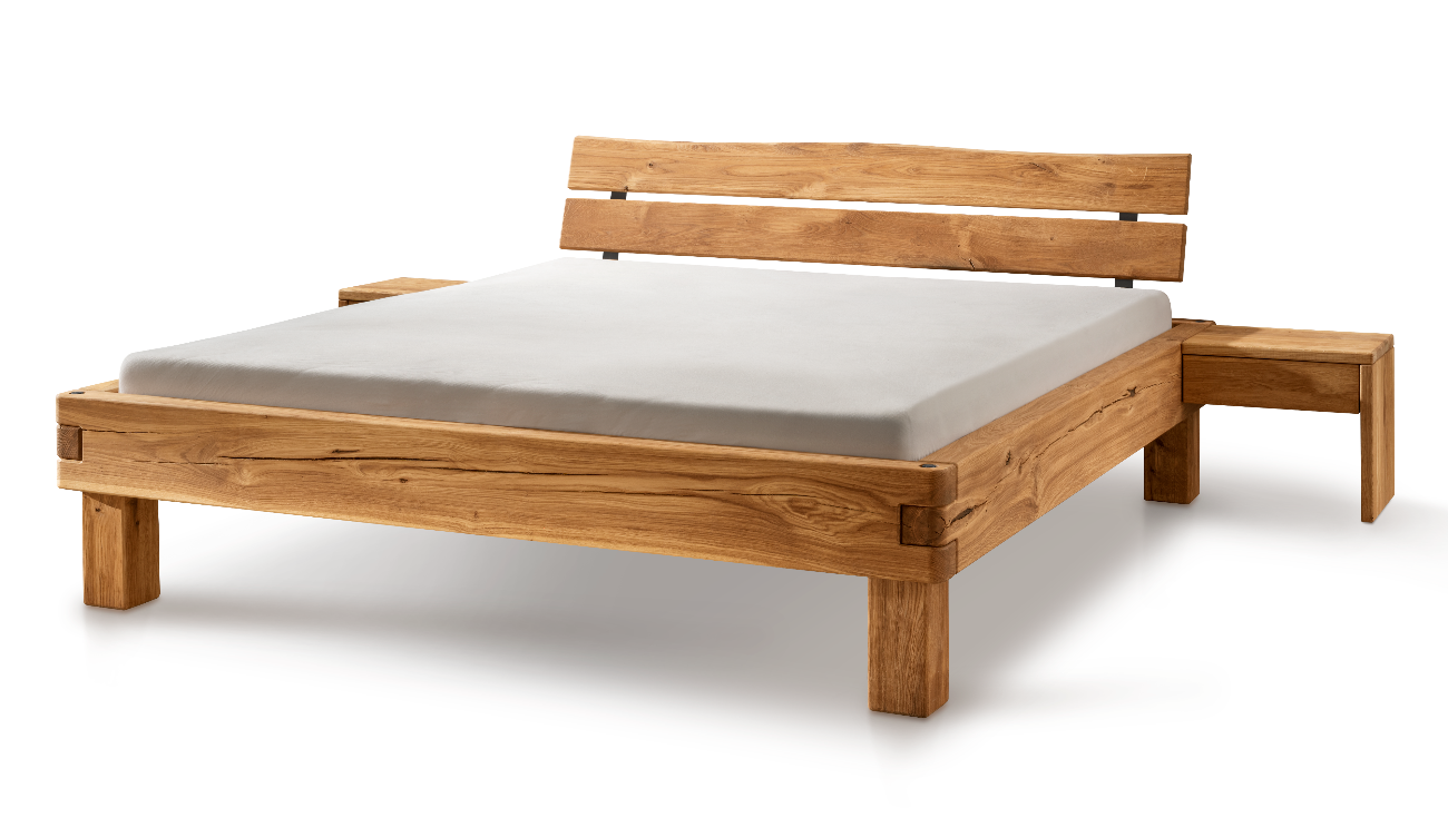 TPT Balkenbett 820-II-III mit Holzkopfteil, Wildeiche massiv natur geölt Breite 140-200 x 200 cm