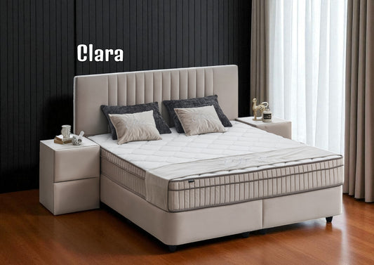 Boxspringbett Clara Beige Voll-orthopädisches Komfortbett mit Bettkasten, Stauraum, inkl. kostenlose Lieferung und Montage