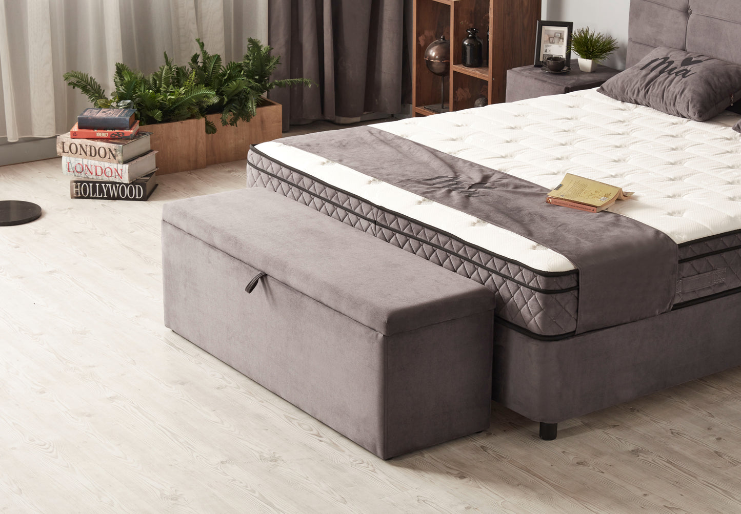 Boxspringbett Mia Dunkelgrau mit Bettkasten Breite 90-180 x 200 cm