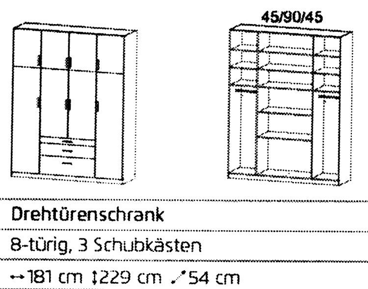 Drehtürenschrank Hildesheim 8-türig mit 3 Schubladen B/H/T ca. 180 x 230 x 54 cm