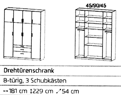 Drehtürenschrank Hildesheim 8-türig mit 3 Schubladen B/H/T ca. 180 x 230 x 54 cm