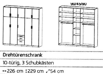 Drehtürenschrank Hildesheim 10-türig mit 3 Schubladen B/H/T ca. 225 x 230 x 54 cm