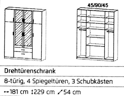 Drehtürenschrank Hildesheim 8-türig mit 4 Spiegeltüren und 3 Schubladen B/H/T ca. 180 x 230 x 54 cm