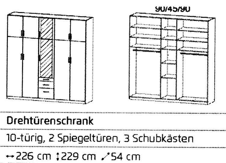 Drehtürenschrank Hildesheim 10-türig mit 2 Spiegeltüren und 3 Schubladen B/H/T ca. 225 x 230 x 54 cm