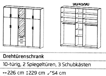 Drehtürenschrank Hildesheim 10-türig mit 2 Spiegeltüren und 3 Schubladen B/H/T ca. 225 x 230 x 54 cm