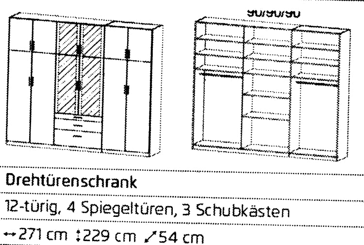 Drehtürenschrank Hildesheim 12-türig mit 4 Spiegeltüren und 3 Schubladen B/H/T ca. 270 x 230 x 54 cm