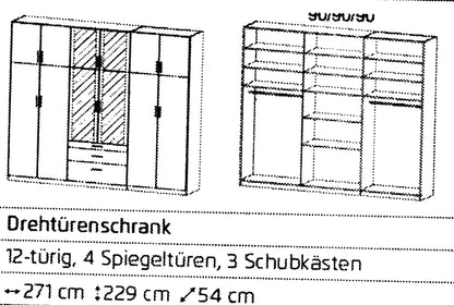 Drehtürenschrank Hildesheim 12-türig mit 4 Spiegeltüren und 3 Schubladen B/H/T ca. 270 x 230 x 54 cm