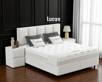 Boxspringbett Lucas Cremeweiß/Hellbeige Voll-orthopädisches Komfortbett mit Bettkasten, Stauraum, inkl. kostenlose Lieferung und Montage