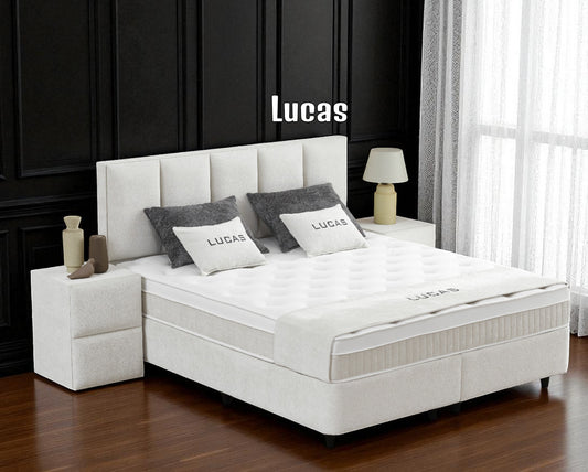 Boxspringbett Lucas Cremeweiß/Hellbeige Voll-orthopädisches Komfortbett mit Bettkasten, Stauraum, inkl. kostenlose Lieferung und Montage