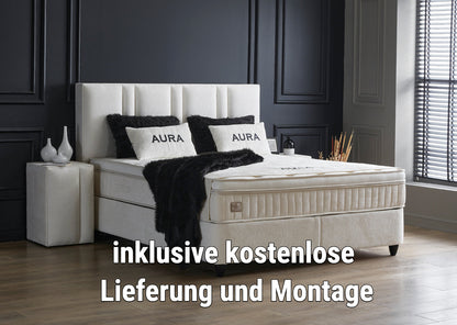 Boxspringbett Aura Cremeweiß mit Bettkasten Breite 90-180 x 200 cm