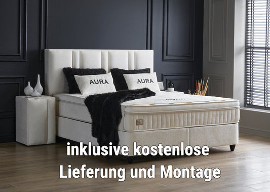 Boxspringbett Aura Cremeweiß Voll-orthopädisches Komfortbett mit Bettkasten, Stauraum, inkl. kostenlose Lieferung und Montage