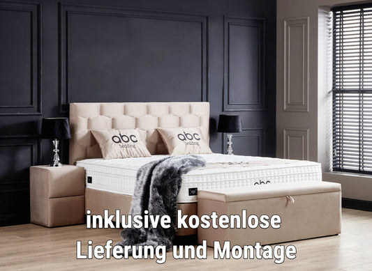 Boxspringbett Palermo Beige Voll-orthopädisches Komfortbett mit Bettkasten, Stauraum, inkl. kostenlose Lieferung und Montage