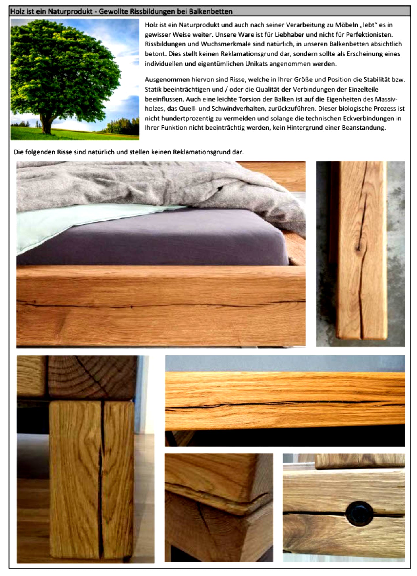 TPT Balkenbett 820-II-III mit Holzkopfteil, Wildeiche massiv natur geölt Breite 140-200 x 200 cm