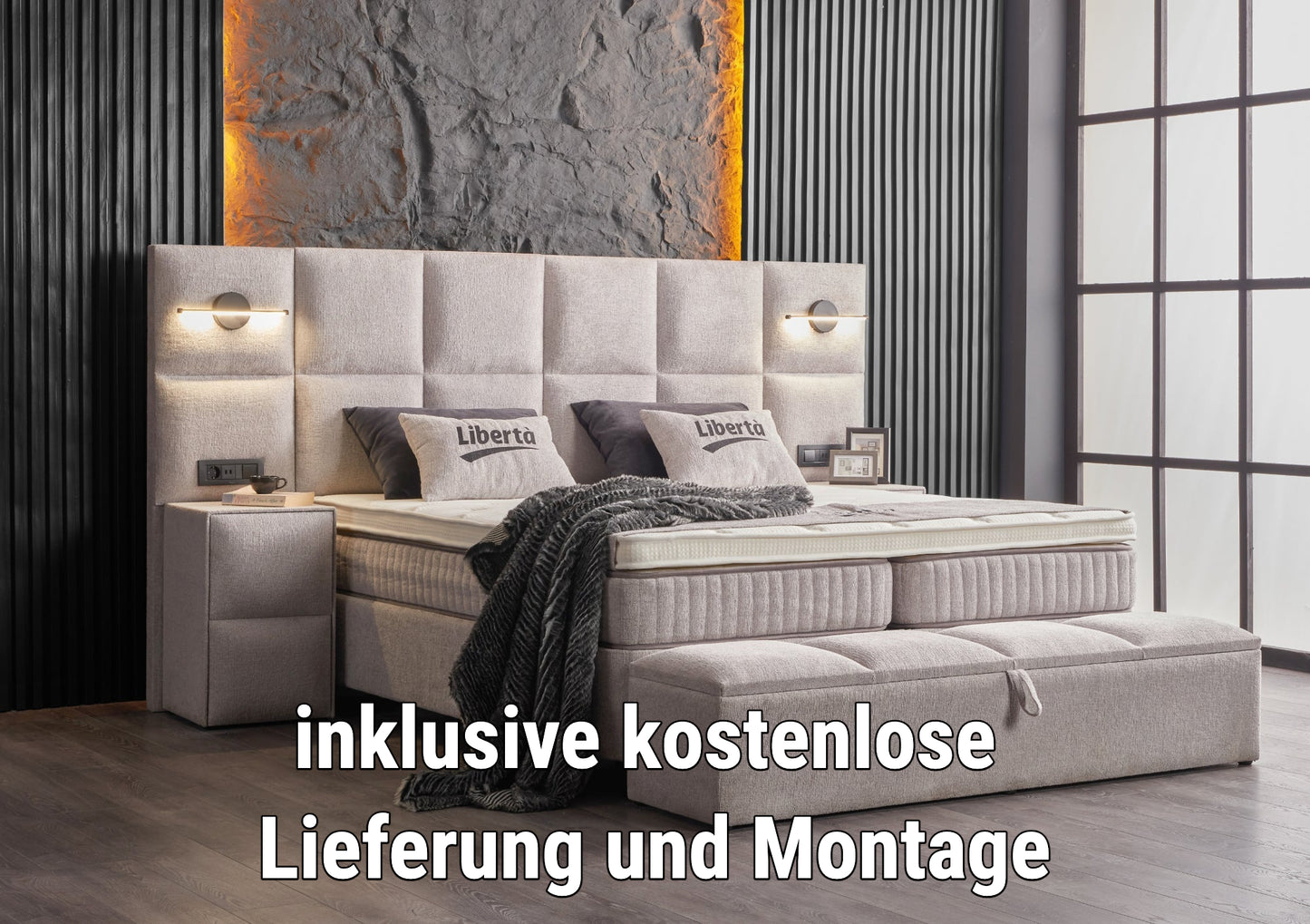 Boxspringbett Liberta Beige hell mit Bettkasten Breite 160-180 x 200 cm, inkl. Beleuchtung und integrierten Steckdosen im Kopfteil