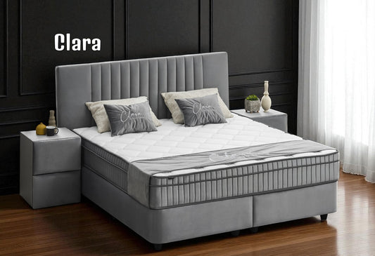Boxspringbett Clara Grau Voll-orthopädisches Komfortbett mit Bettkasten, Stauraum, inkl. kostenlose Lieferung und Montage