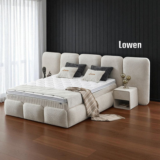 Boxspringbett Lowen Beige Voll-orthopädisches Komfortbett mit Bettkasten, Stauraum, inkl. kostenlose Lieferung und Montage