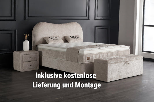 Boxspringbett Sofia Beige Voll-orthopädisches Komfortbett mit Bettkasten, Stauraum, inkl. kostenlose Lieferung und Montage