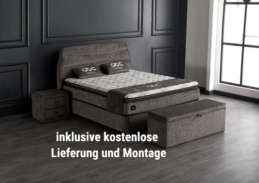 Boxspringbett Carlos Grau Voll-orthopädisches Komfortbett mit Bettkasten, Stauraum, inkl. kostenlose Lieferung und Montage