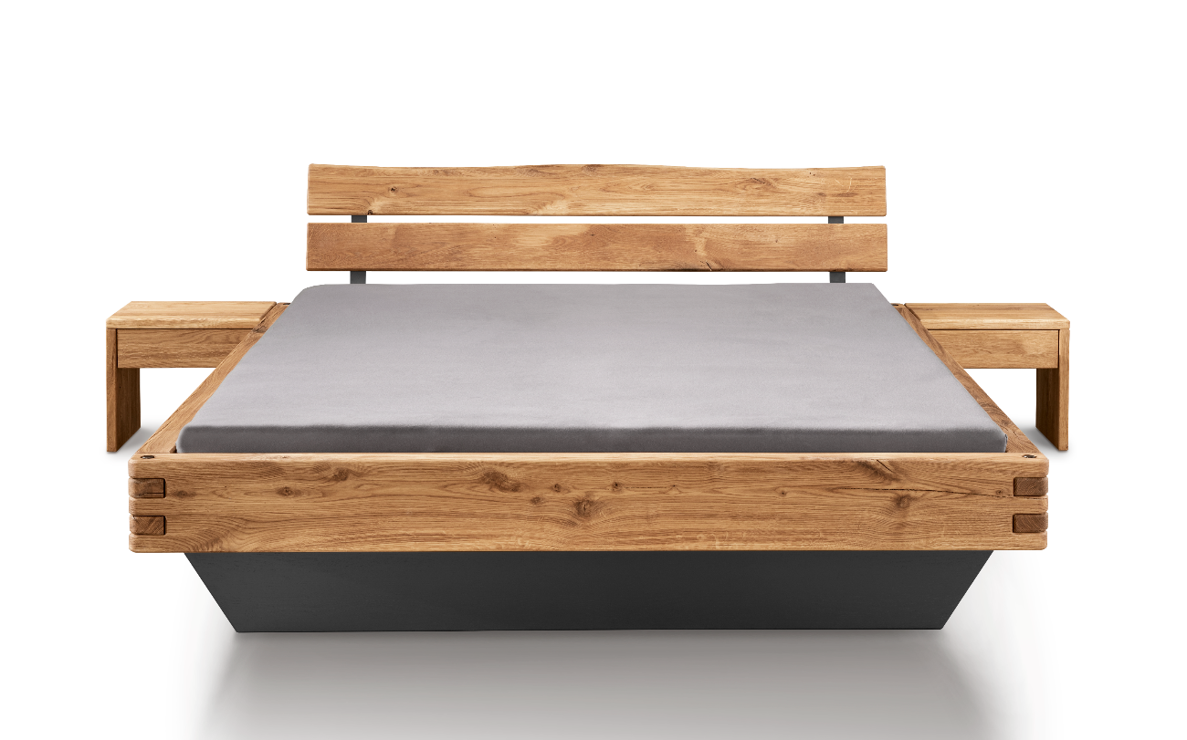 TPT Balkenbett 820-II-III mit Holzkopfteil, Wildeiche massiv natur geölt Breite 140-200 x 200 cm