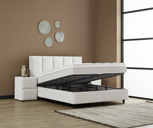 Boxspringbett Lucas Cremeweiß/Hellbeige Voll-orthopädisches Komfortbett mit Bettkasten, Stauraum, inkl. kostenlose Lieferung und Montage