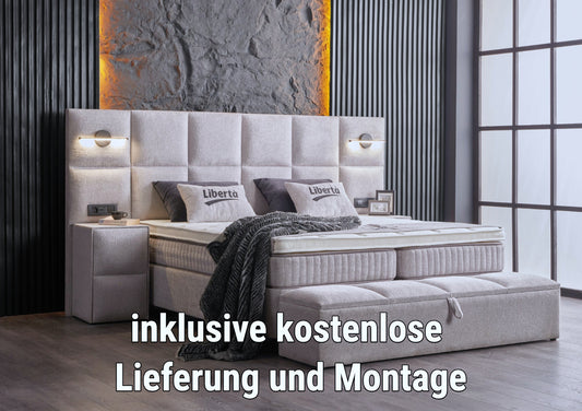 Boxspringbett Liberta hellgrau Voll-orthopädisches Komfortbett mit Bettkasten, Stauraum, inkl. Beleuchtung und integrierten Steckdosen im Kopfteil, inklusive kostenlose Lieferung und Montage