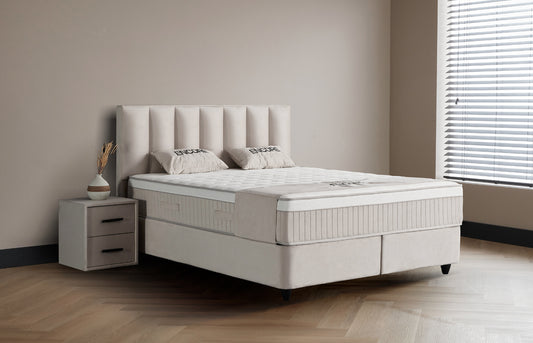 Boxspringbett Encore Beige Voll-orthopädisches Komfortbett mit Bettkasten, Stauraum, inkl. kostenlose Lieferung und Montage