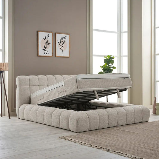 Boxspringbett Raina Beige Voll-orthopädisches Komfortbett mit Bettkasten, Stauraum, inkl. kostenlose Lieferung und Montage